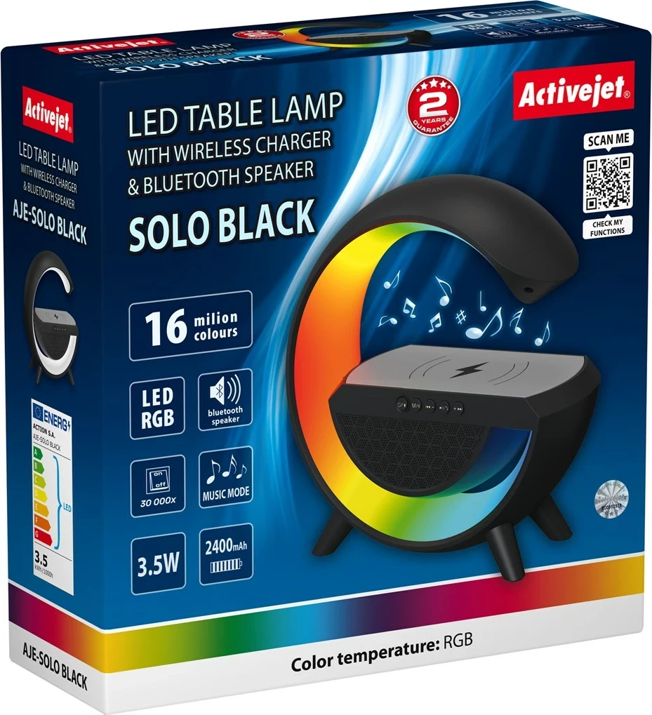 Namizna svetilka z RGB, zvočnik Bluetooth in brezžičnim polnjenjem Activejet AJE-SOLO, 2400 mAh, črna