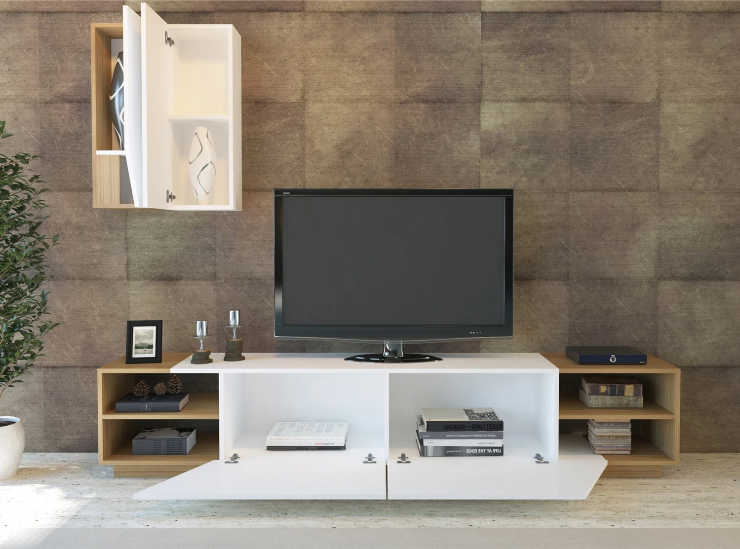 Pohištvo za TV belo-oreh melamin talna enota in stenske omarice 240x37.5x47Hcm.FH9439.01