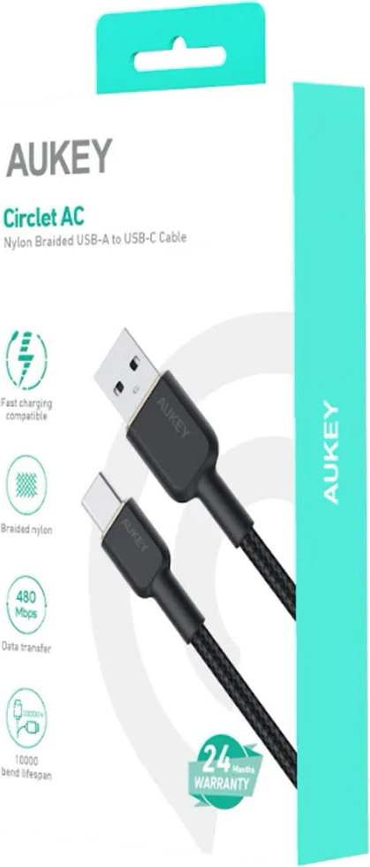 Napenjalni kabel USB-C 60W 3A, 1,8 m, najlon, črn - AUKEY CB-NAC2