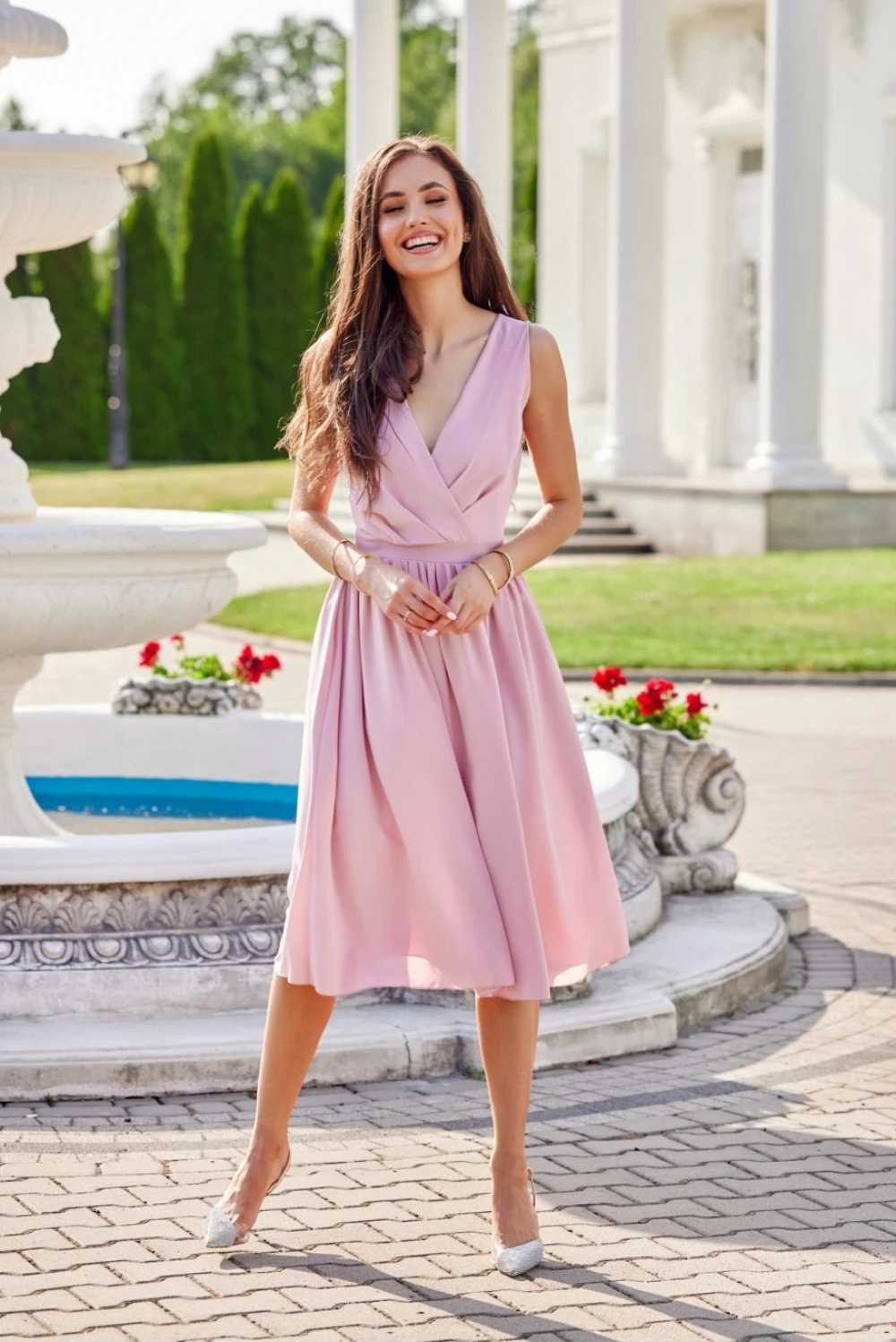 Midi obleka z ramienci Roco Fashion 183736, rožnata