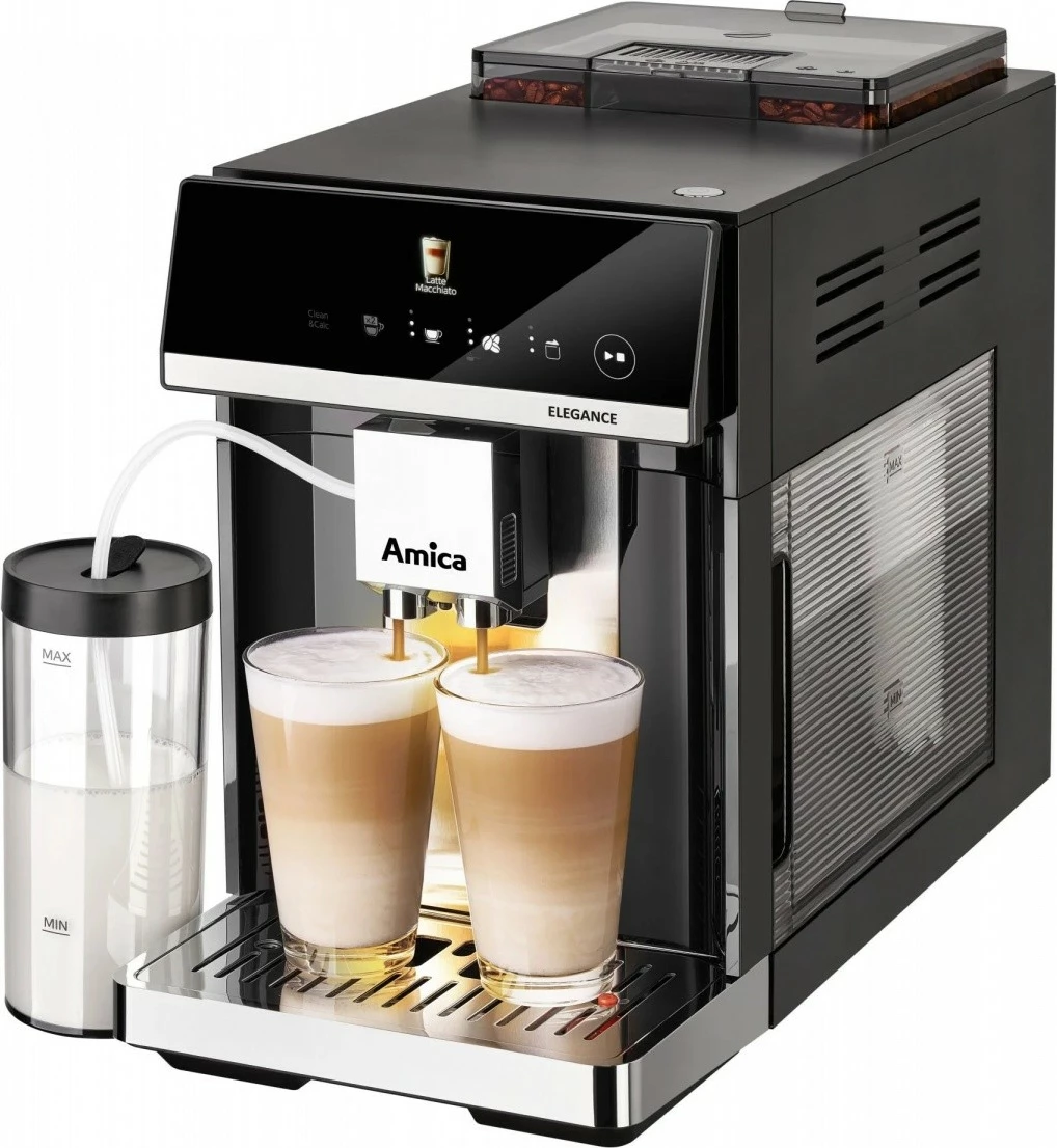 Aparat za espresso, 15 bar, 1725 W, jekleni mlinček 5 stopenj, rezervoar za vodo 1,8 L, zbiralnik za kavo 250 g, mlečni sistem, črn, Amica Elegance CM 7011