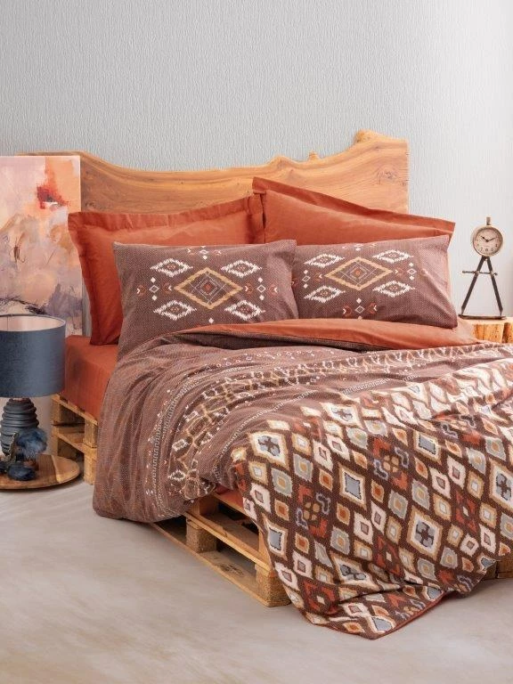 Komplet prevlek za odejo Ranforce XXL za enojno posteljo, rjavo-oranžna-bela, L'essentiel Belize