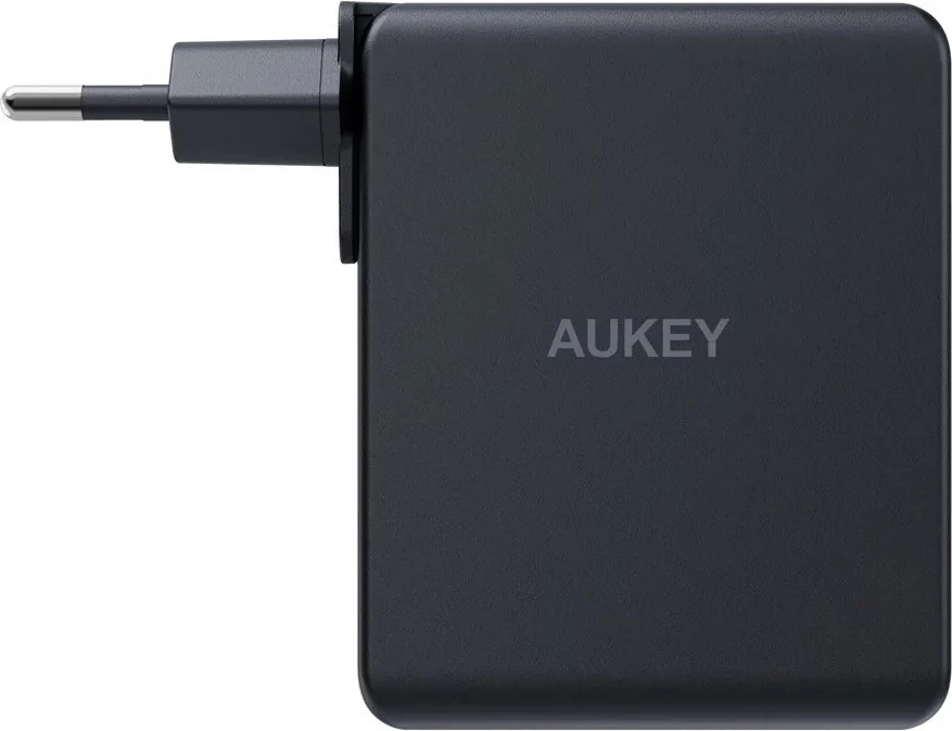 Stenski polnilec 140W z 3 vrati (2× USB-C, 1× USB-A) AUKEY PA-B70 Omnia II, črn, z mednarodnimi adapterji