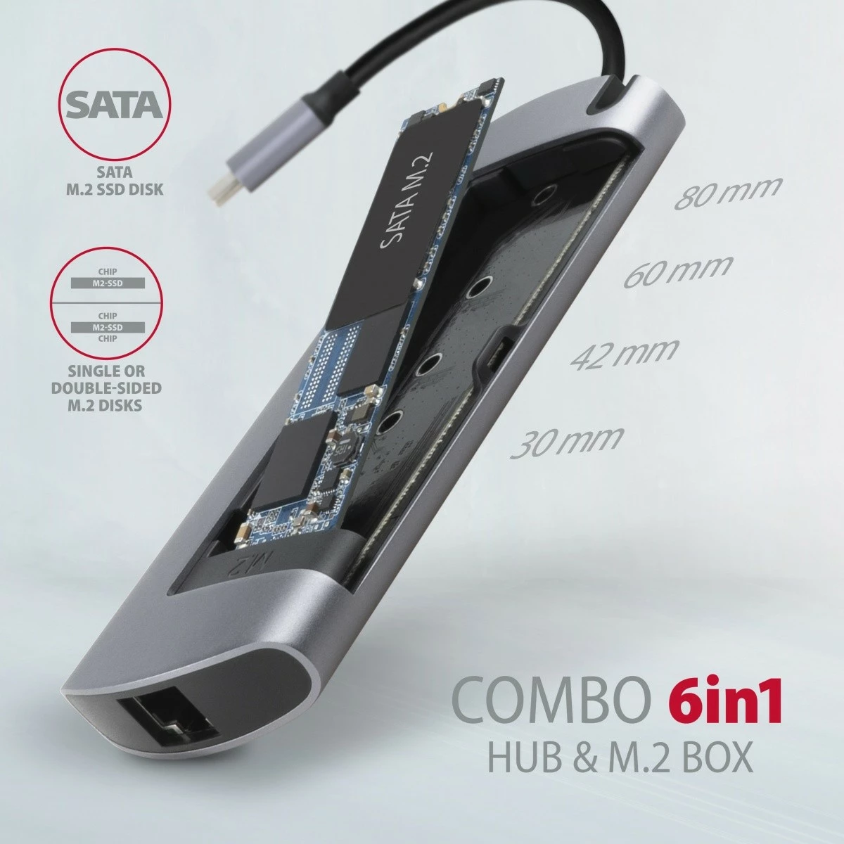Multifunkcionalen hub 6‑v‑1 AXAGON HMC-6M2, USB-C 3.2 Gen 1, režo M.2 SATA, HDMI, GLAN, 2x USB-A, PD 100W, siva