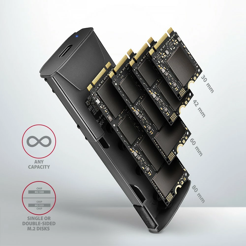 Zunanje računalniško ohišje za SSD M.2 NVMe in SATA, USB-C 3.2 Gen 2, črno - AXAGON EEM2-GTS2 Zunanje računalniško ohišje za SSD M.2 NVMe in SATA, USB-C 3.2 Gen 2, črno - AXAGON EEM2-GTS2