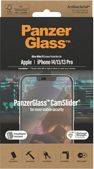 Zaščitno kaljeno steklo PanzerGlass Ultra-Wide Fit CamSlider za iPhone 14/13/13 Pro, antibakterijsko, z drsnim pokrovom kamere