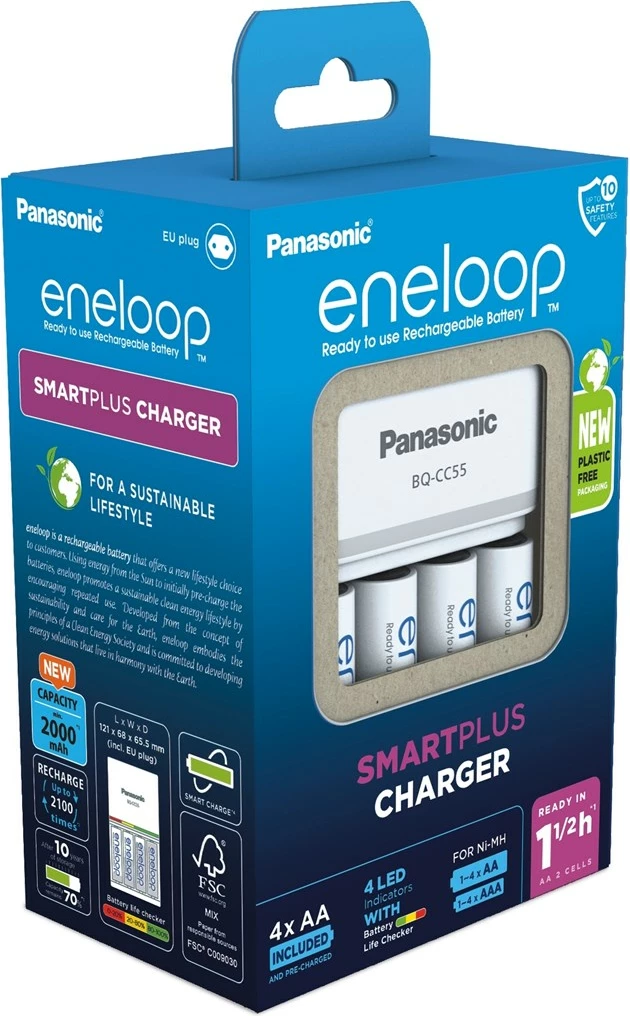Polnilnik baterij z 4× AA 2000 mAh, Panasonic Eneloop Smartplus BQ-CC55, bel