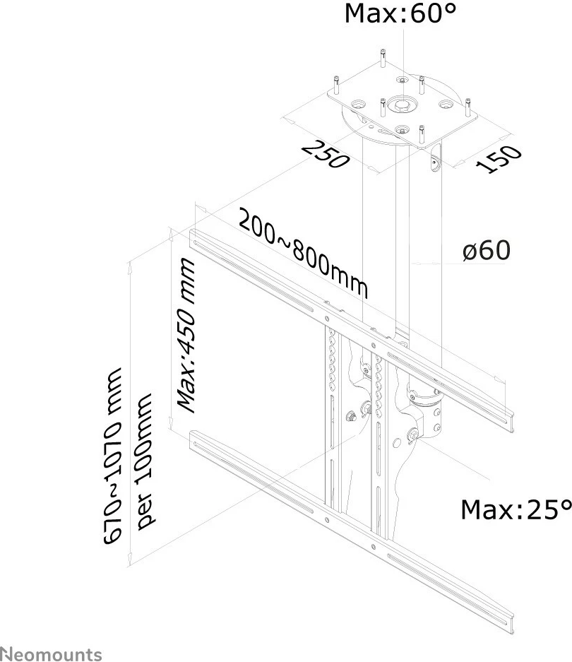 Stropni nosilec za TV/monitor Newstar PLASMA-C100BLACK, 37–75 palcev, nastavljiva višina, črn Stropni nosilec za TV/monitor Newstar PLASMA-C100BLACK, 37–75 palcev, nastavljiva višina, črn