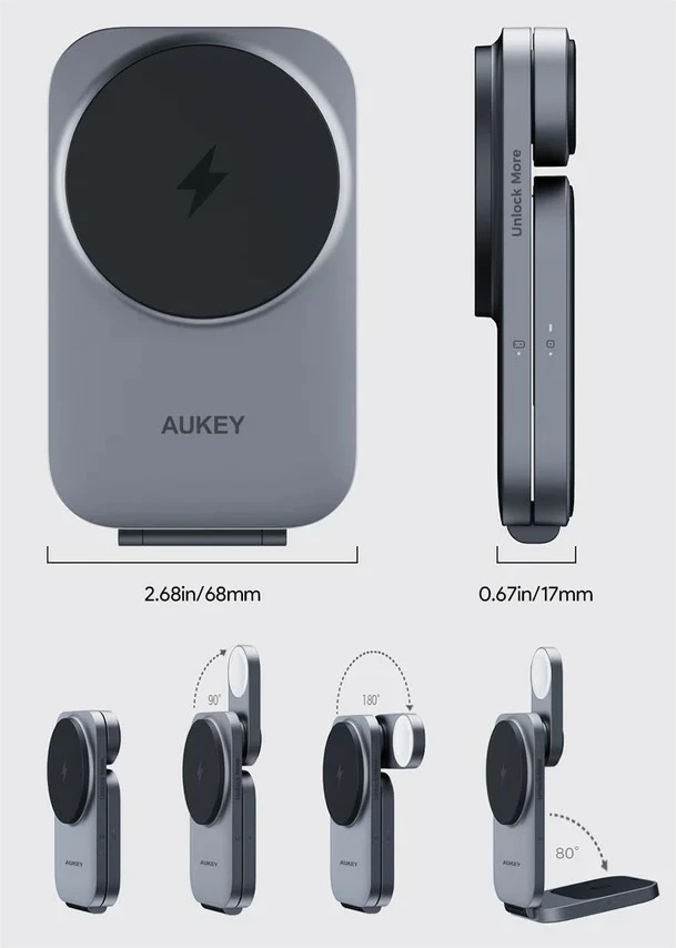 Brezžični 3-v-1 polnilec AUKEY LC-MC312 MagSafe Qi2, 15W + PD 30W, siv, s torbico za prenašanje