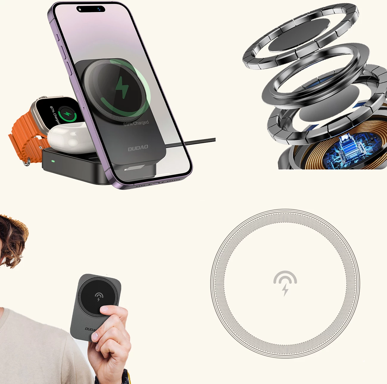 Brezžična postaja za polnjenje 3-v-1, Dudao A11 Max, 15W MagSafe, USB-C vhod, siva