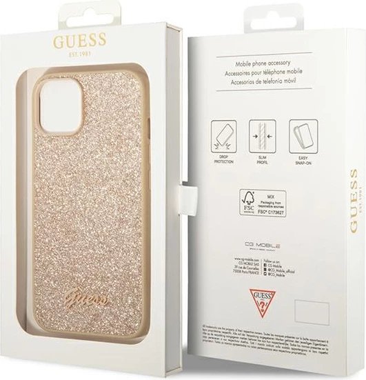 Ovitek za telefon Glitter Script za iPhone 14 6,1", Guess GUHCP14SHGGSHD, trd ovitek, zlata