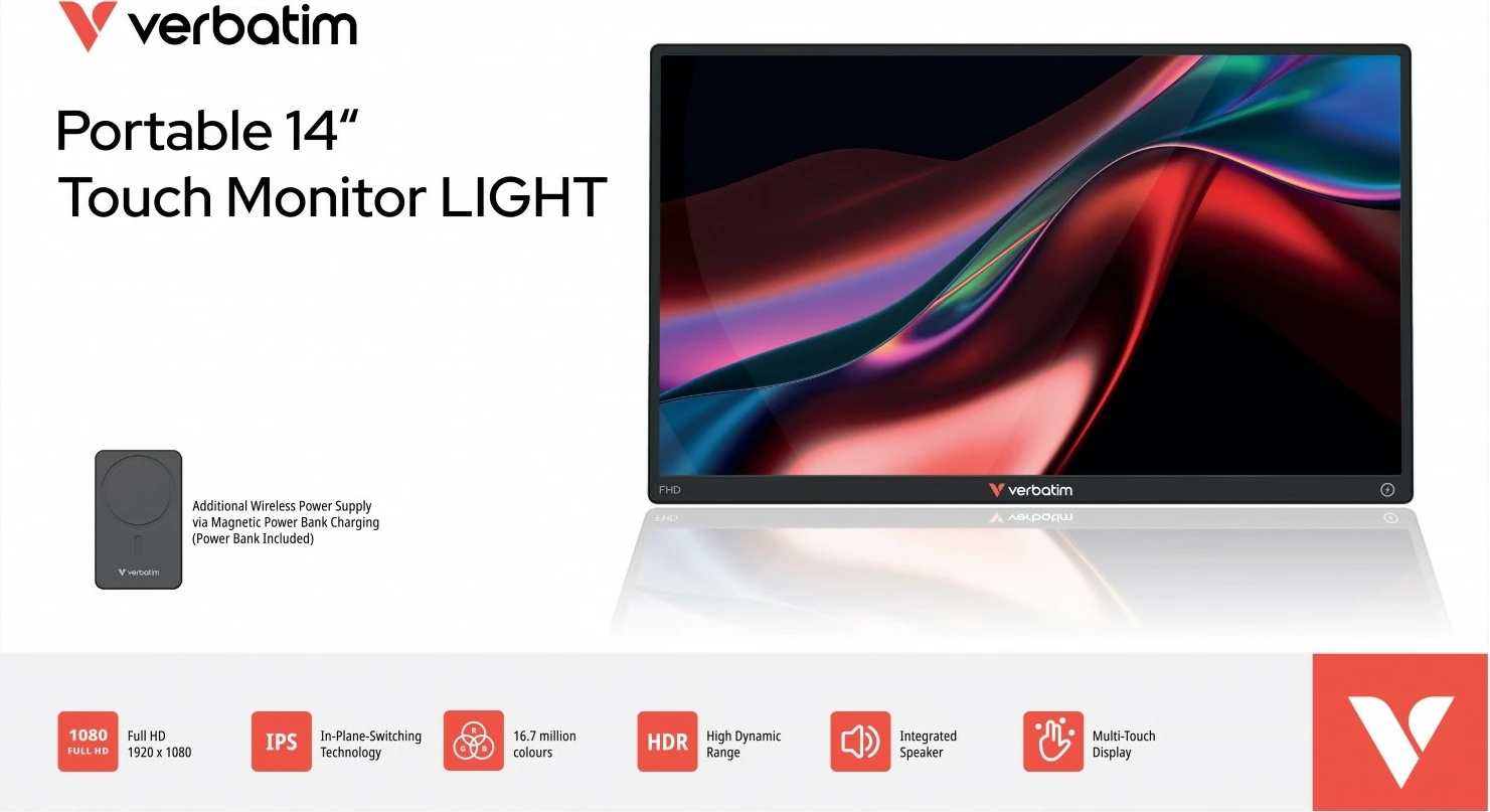 Prenosni zaslon na dotik 14" FHD IPS, Verbatim GMVE32088PLG Light, 60 Hz, 10-točkovni dotik, 2x USB-C + HDMI, vgrajeni zvočniki, z power bank 5000 mAh, črn
