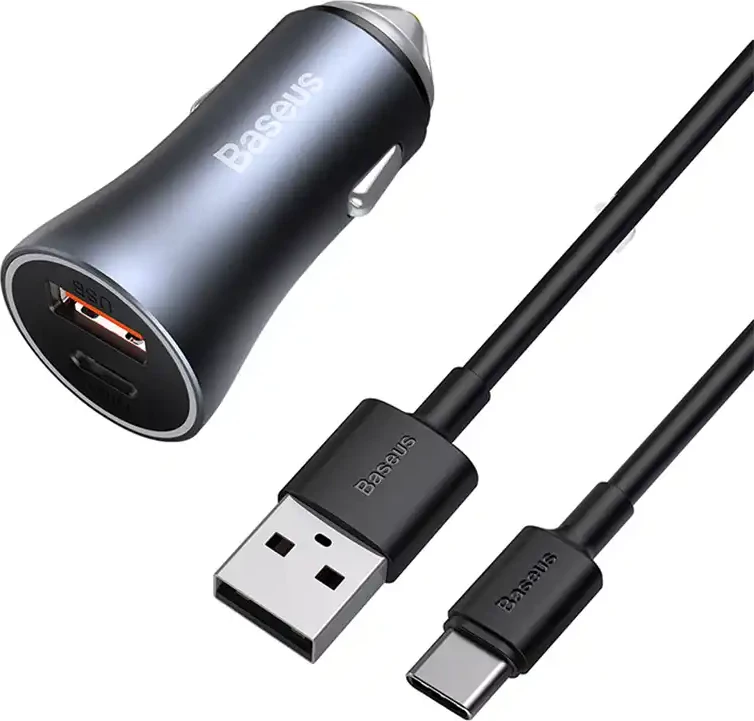 Avtomobilski polnilnik 40W, USB + USB-C, QC4.0+, PD, SCP, siv + USB–USB-C kabel 1 m, črn Baseus Golden Contactor Pro