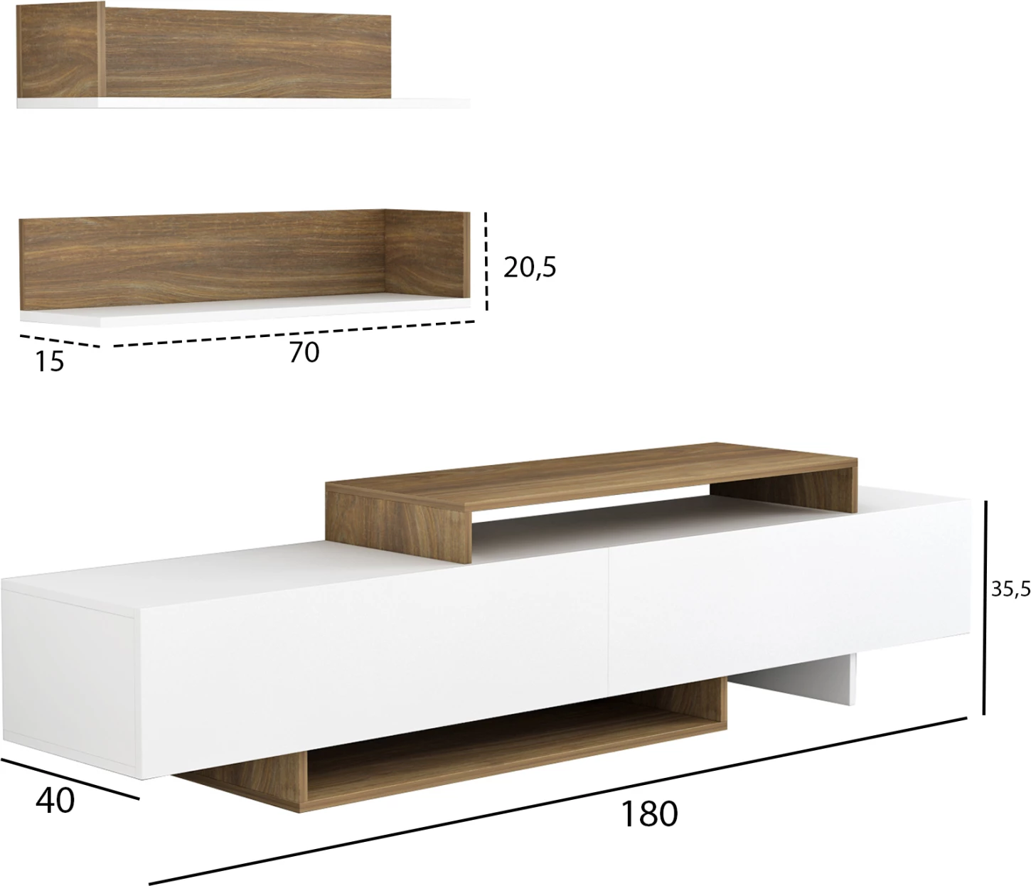 Komplet pohištva za TV EDUARDO FH8909.12 melamin v beli-naravni barvi 180x29,5x45Hcm