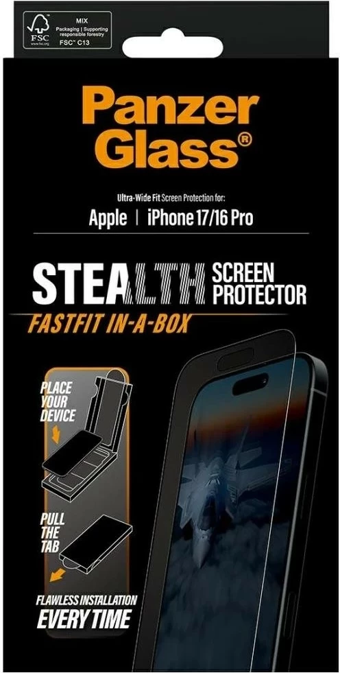 Zaščitno steklo Ultra-Wide Fit Fastfit Stealth PanzerGlass za iPhone 16 Pro/17, prozorno