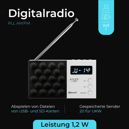 Digitalni radio PLL AM/FM, Adler AD 1908, Bluetooth 5.0, USB/SD, 20 postaj, zaslon LCD, 1,2 W, baterija 800 mAh, bela in črna