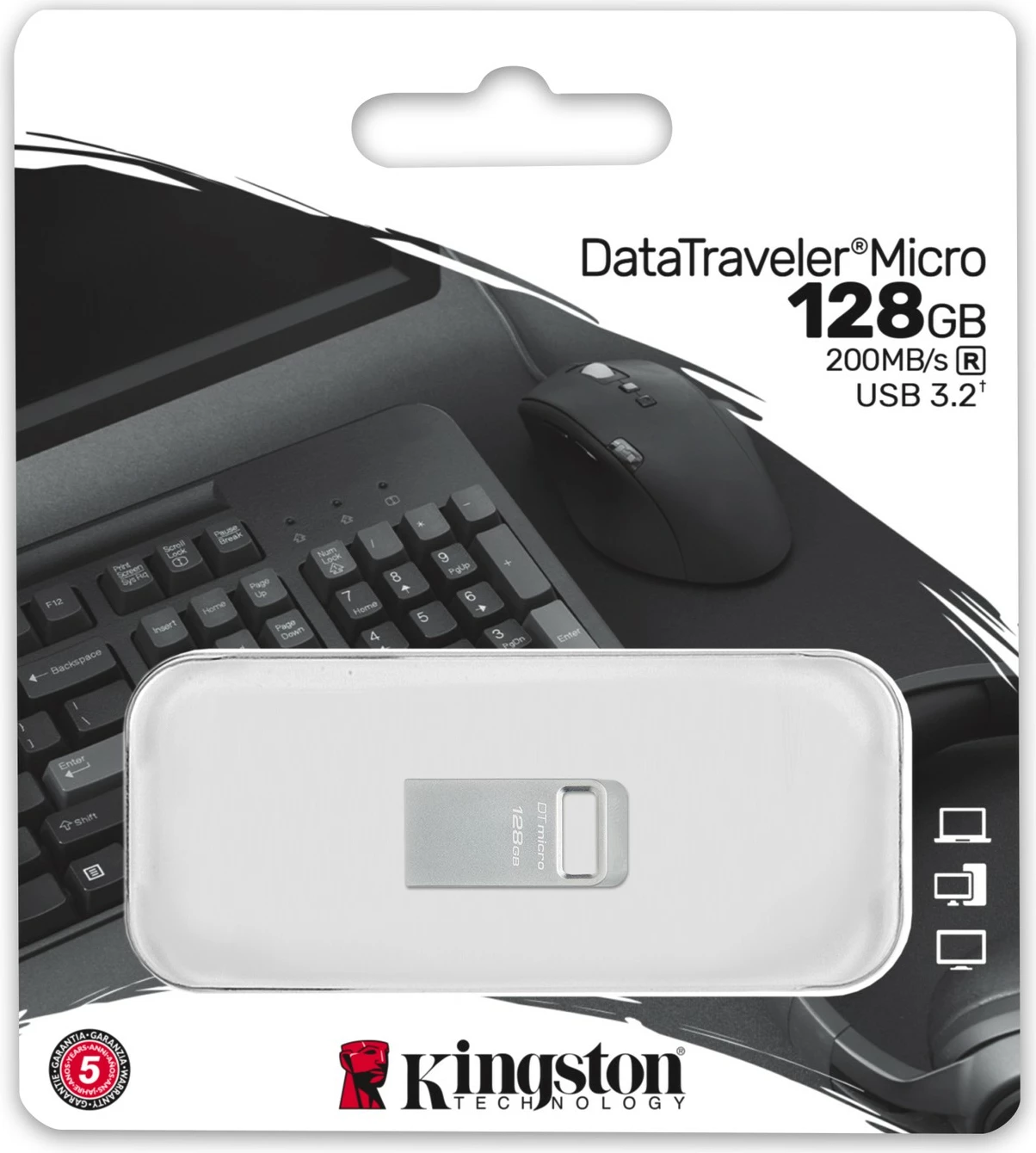 USB-pomnilnik 128 GB, USB 3.2 Gen 1, kovinski, srebrn — Kingston DataTraveler Micro
