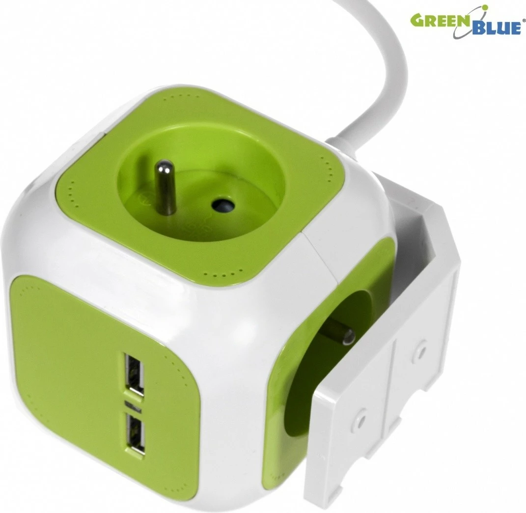 Večvtičnica z USB GreenBlue MagicCube GB118, 4 vtiči, 2× USB, 1,4 m, bela/zelena