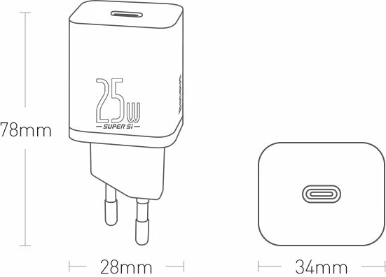 Stenski polnilec, 25 W, USB Type-C, črn, Baseus Super Si 1C