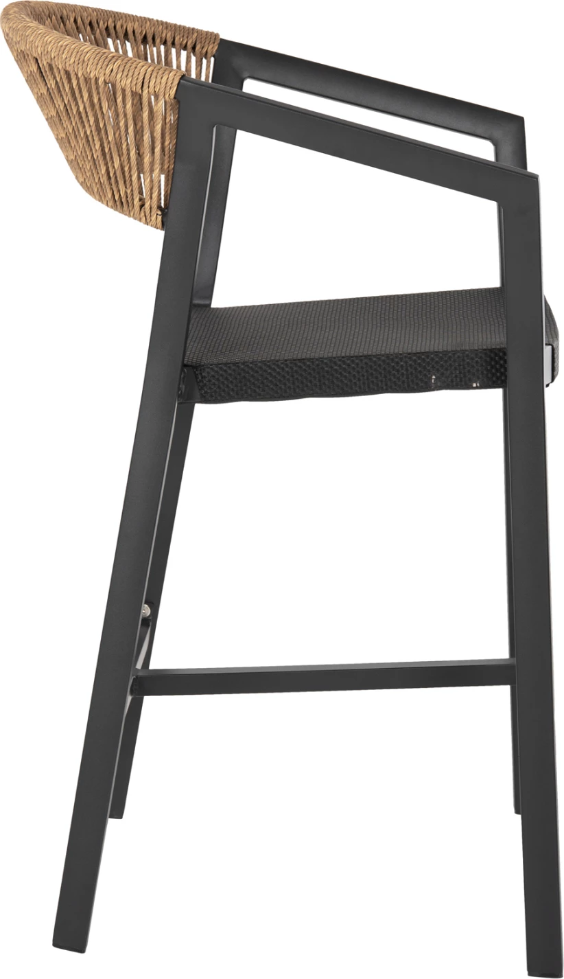 Barski stol iz aluminija črne barve FH5892.15 srednje višine črna tekstilna tkanina in bež ratan 56,5x57x99,5 cm