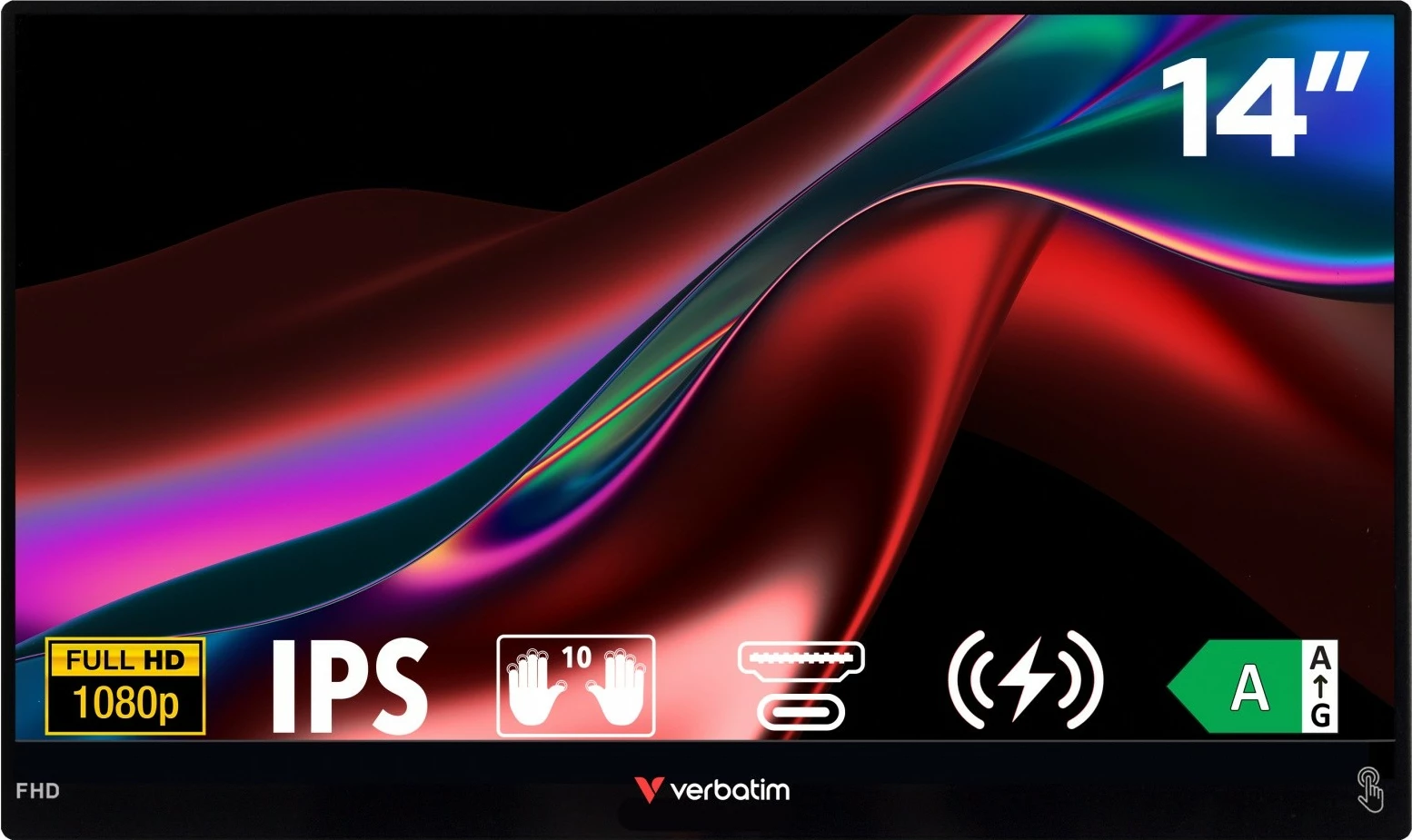 Prenosni zaslon na dotik 14" FHD IPS, Verbatim GMVE32088PLG Light, 60 Hz, 10-točkovni dotik, 2x USB-C + HDMI, vgrajeni zvočniki, z power bank 5000 mAh, črn