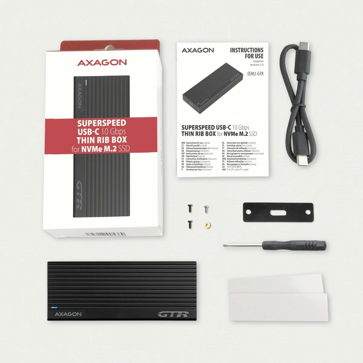 Računalniško ohišje za NVMe M.2 SSD, USB-C 3.2 Gen 2, aluminij, črn, AXAGON EEM2-GTR Računalniško ohišje za NVMe M.2 SSD, USB-C 3.2 Gen 2, aluminij, črn, AXAGON EEM2-GTR