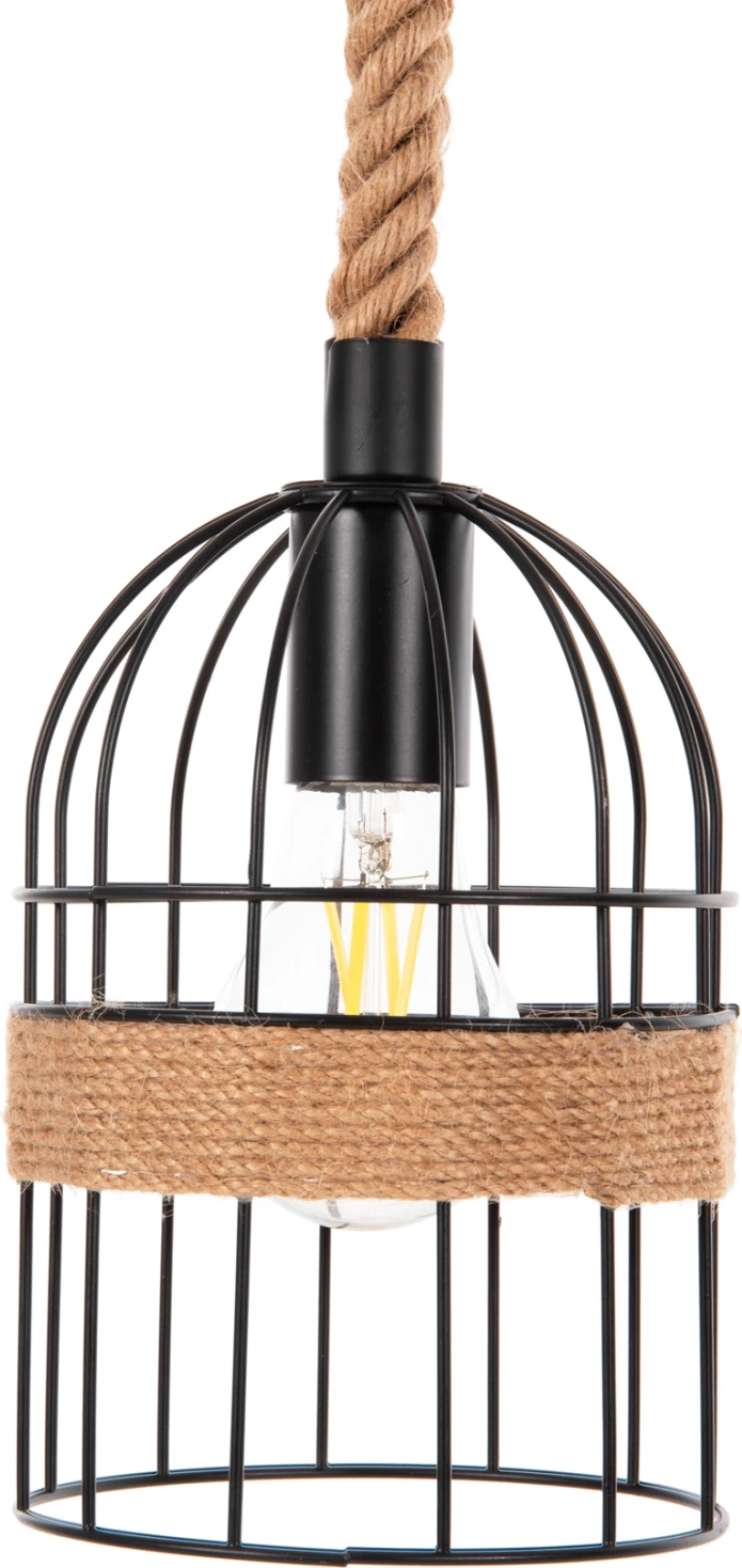 Stropna viseča svetilka s 3 lučmi FH4180 črna kovina-naravna konopljina vrv 80x14,5x137H cm