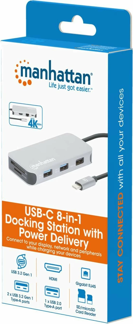Docking postaja MANHATTAN USB-C 8-v-1, HDMI, RJ45, 3×USB-A, siva