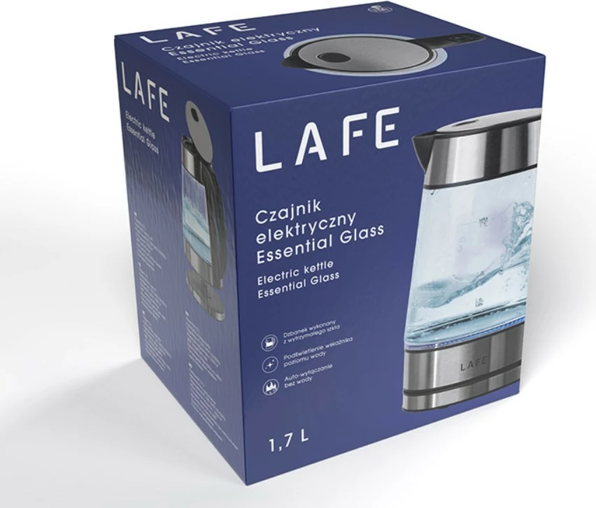 Električni grelnik vode Lafe LAFCZA47618, 1,7 L, 2200 W, steklen, baza 360°, z osvetlitvijo, črn/nerjaveče/prosojen