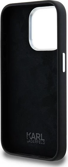 Silikonski ovitek za telefon z metalnim logotipom Script Karl Lagerfeld za iPhone 15 Pro, črn