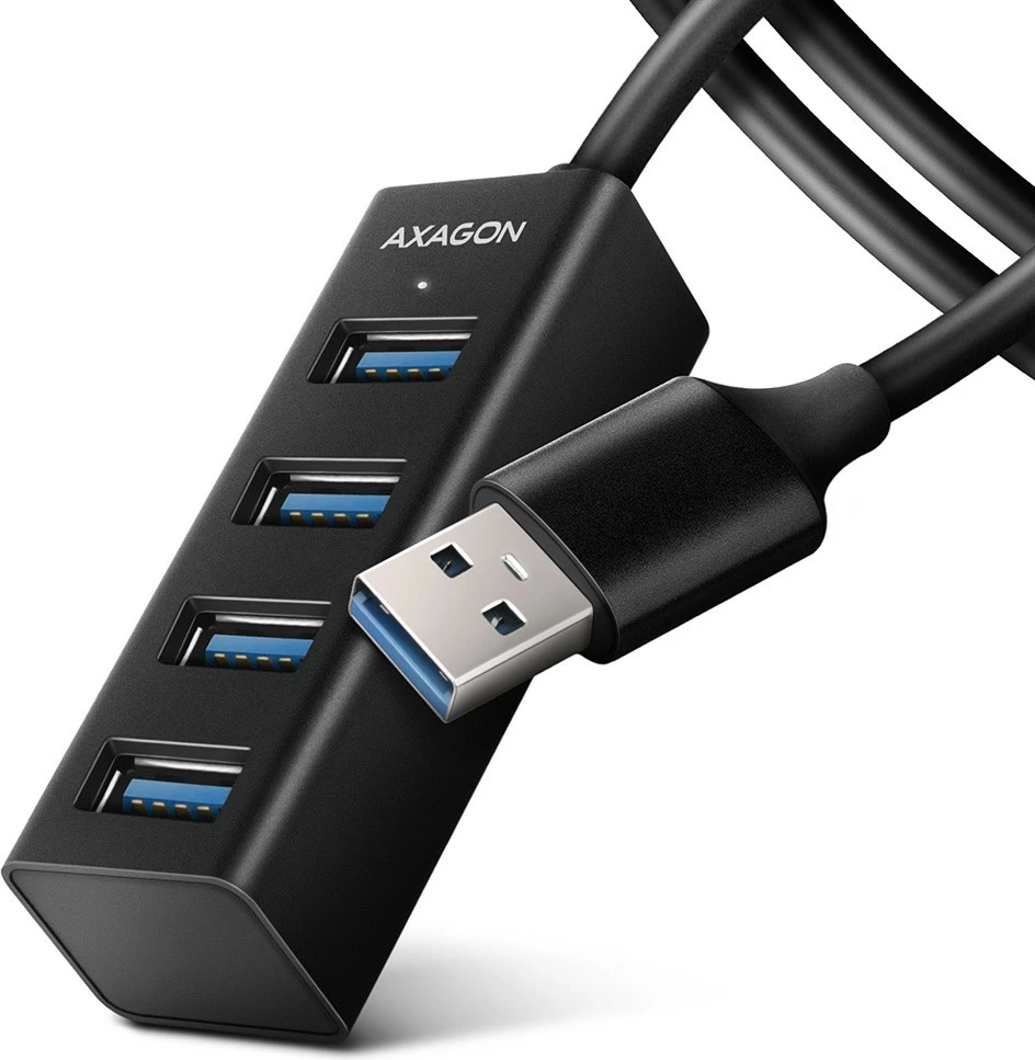 Mini kovinski USB razdelilec, 4 vrata, USB 3.2 Gen 1, kabel 1,2 m, črn AXAGON HUE-M1AL