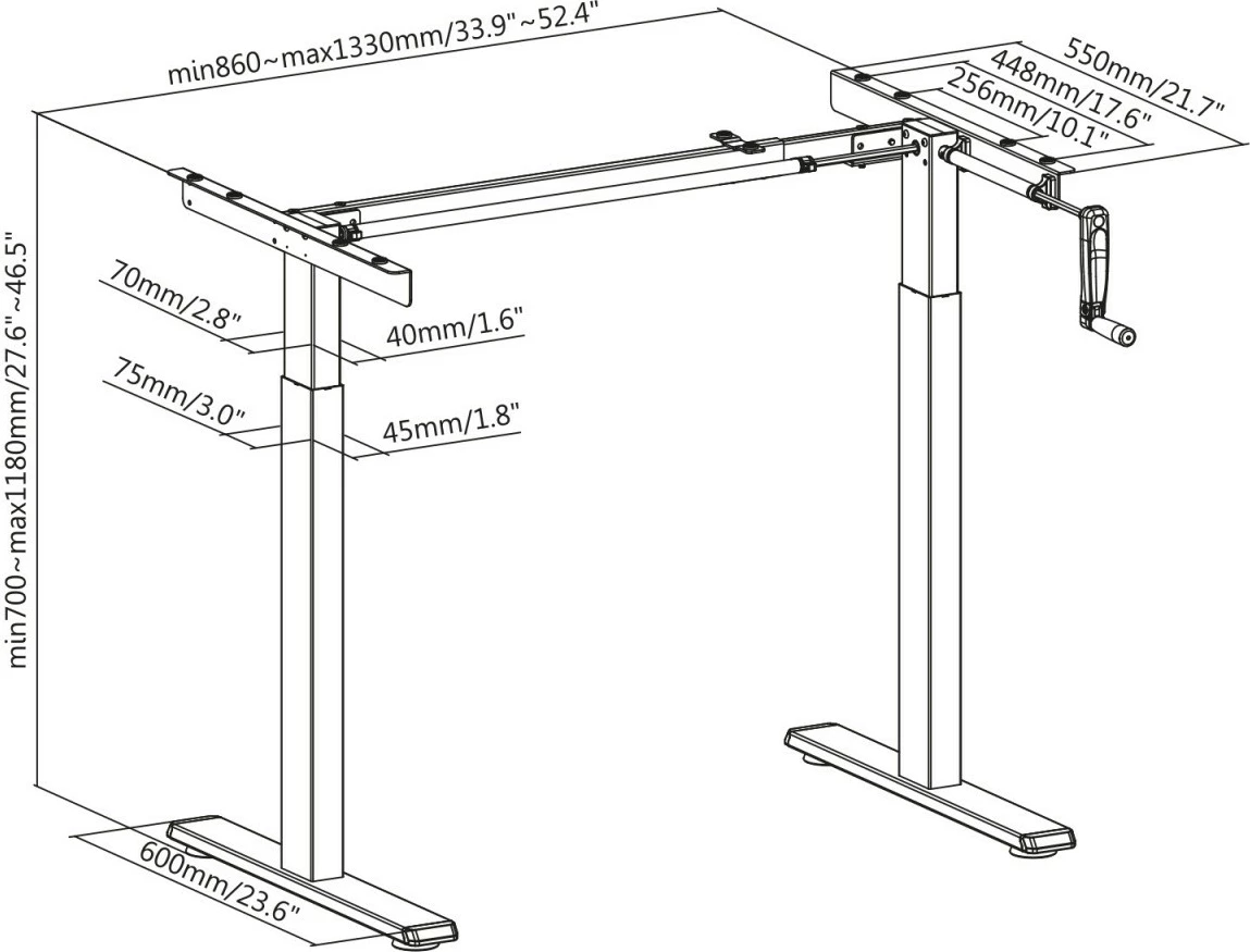 Korniza za mizo, ročno nastavljiva višina 70–118 cm, brez plošče, 60 kg, Maclean MC-790NG, siva