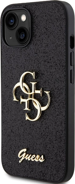 Ovitek za telefon s bleščicami, Guess Glitter Script Big 4G za iPhone 15, črn