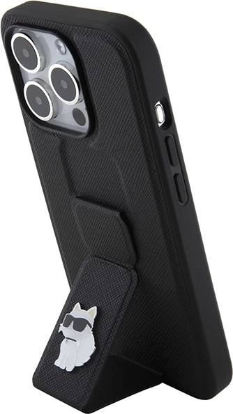 Ovitek Gripstand Saffiano Choupette Pins za iPhone 15 Pro Max, Karl Lagerfeld, črn