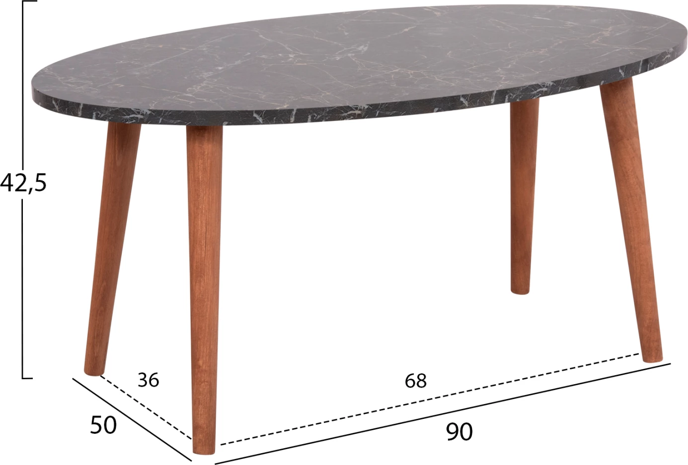 Set klubske mize in 3 stranske mize VITAL FH18180.02 melamin v črnem marmorju-lesene noge v orehu