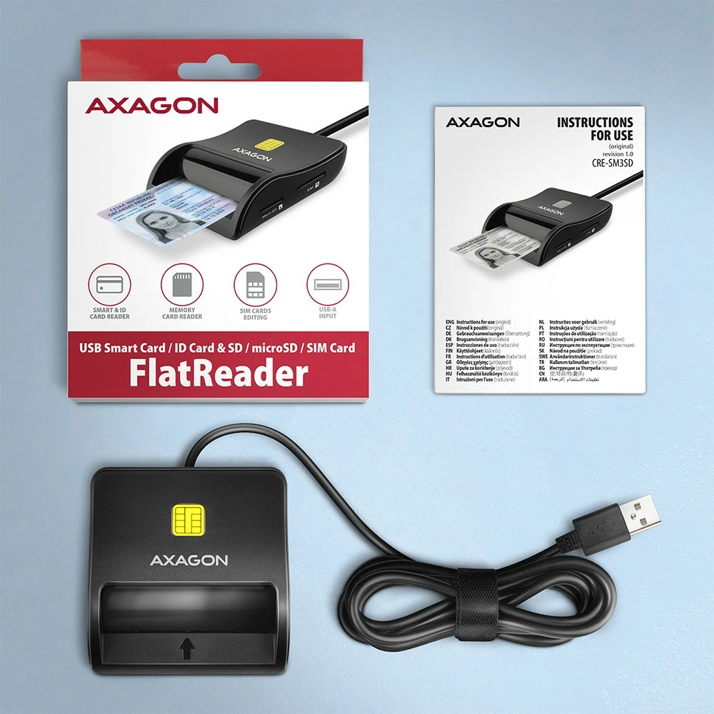 Bralnik kartic, USB 2.0, za pametno kartico/SD/microSD/SIM, črn AXAGON CRE-SM3SD Bralnik kartic, USB 2.0, za pametno kartico/SD/microSD/SIM, črn AXAGON CRE-SM3SD