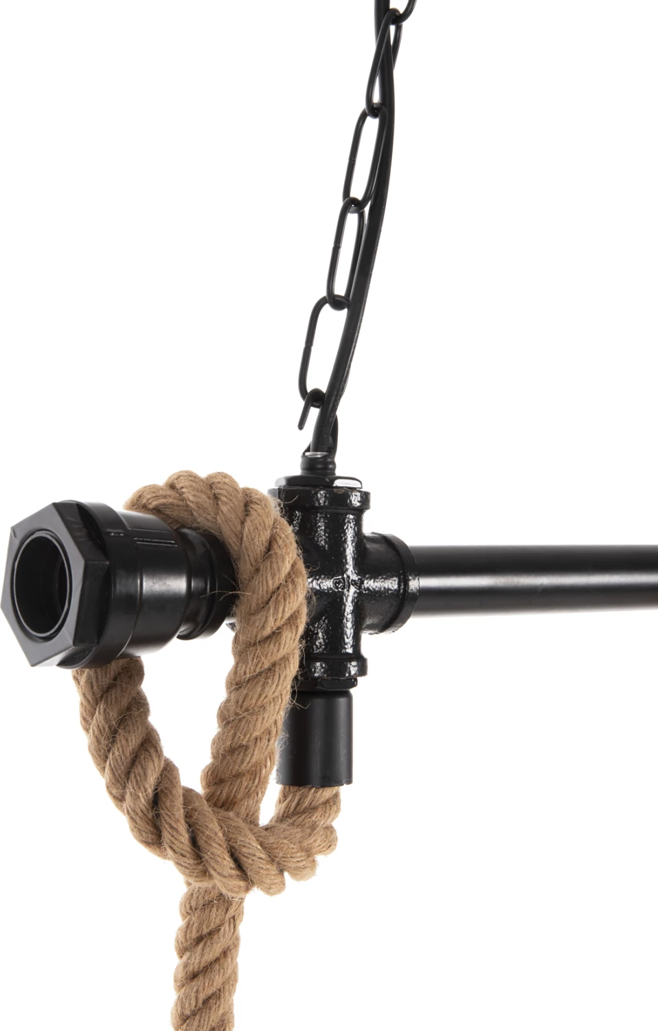Stropna viseča svetilka s 3 lučmi FH4180 črna kovina-naravna konopljina vrv 80x14,5x137H cm