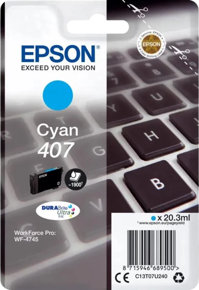 Barvna kartuša Epson 407 C13T07U240, standardna, cijan