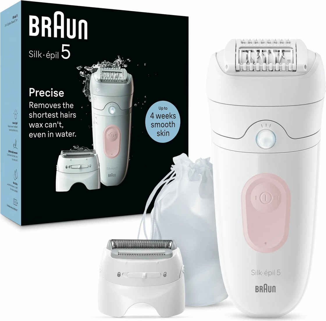 Epilator, mokro in suho, bel, z britveno glavo, nastavkom za oblikovanje in torbico — Braun Silk-épil 5-030 225045
