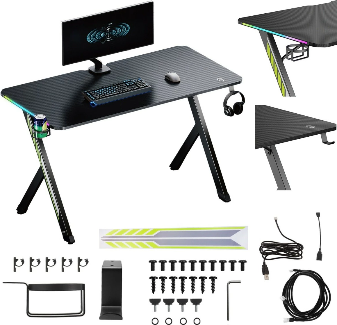 Gaming miza 120x60 cm, LED RGB, Maclean NanoRS RS102, črna