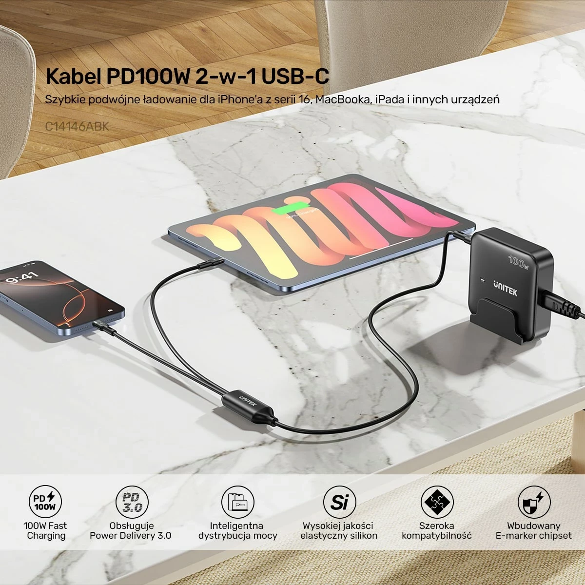 Kabel USB-C 2 v 1, PD 100 W, silikon, 1,8 m, črn Unitek