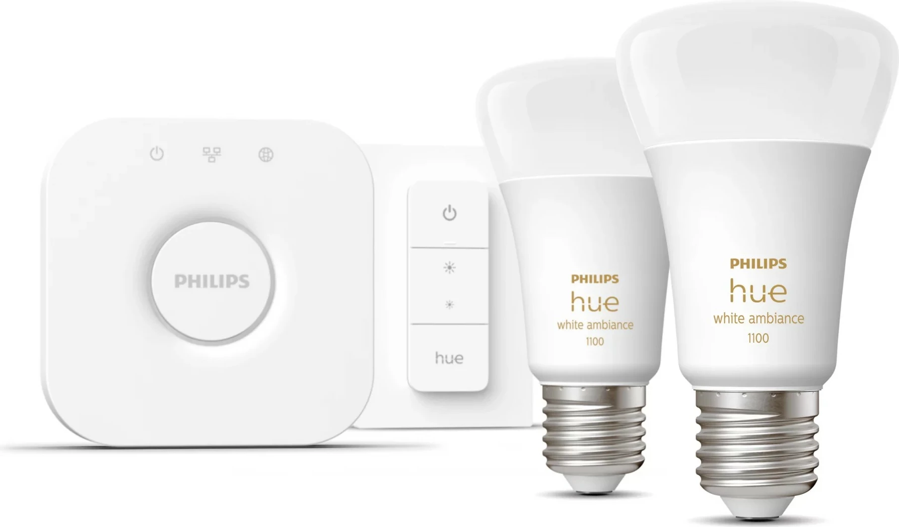 Pametna svetlobna kompleta Philips Hue White ambience, 2x E27 (1100) + stikalni zatemnilnik, Bluetooth/Zigbee, LED, E27, A60, bela