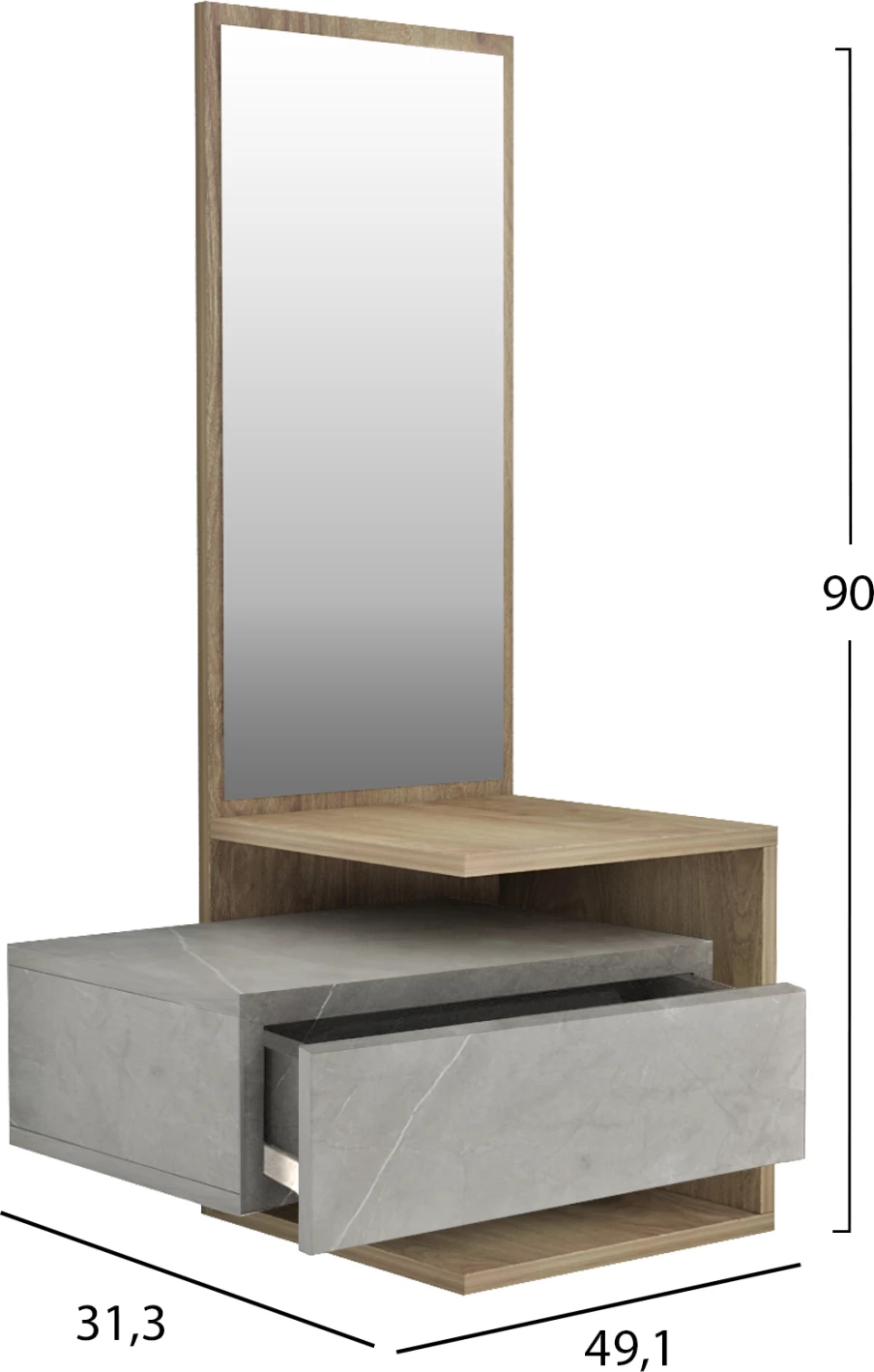 Pohištvo za predsobo z ogledalom MEARA FH8984.12 melamin v sivi kamniti teksturi-naravno 49,1x31,3x90Hcm