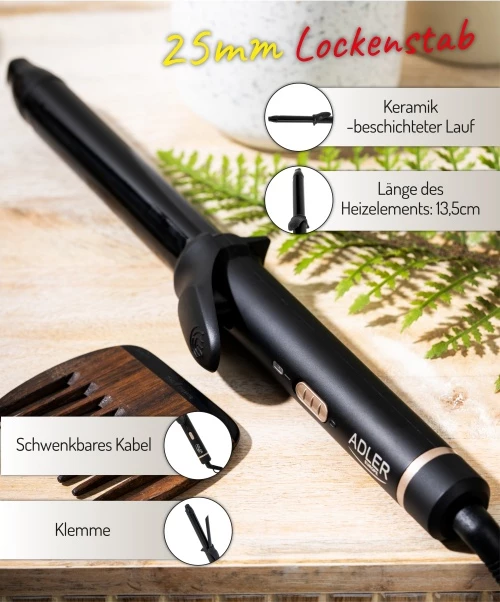 Kodralnik za lase, keramičen 25 mm, Adler AD 2115, 45 W, črn z zlatimi elementi