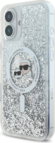 Prozoren ovitek z tekočim bleščicami Karl Lagerfeld Liquid Glitter Karl & Choupette Head MagSafe za iPhone 16 Plus