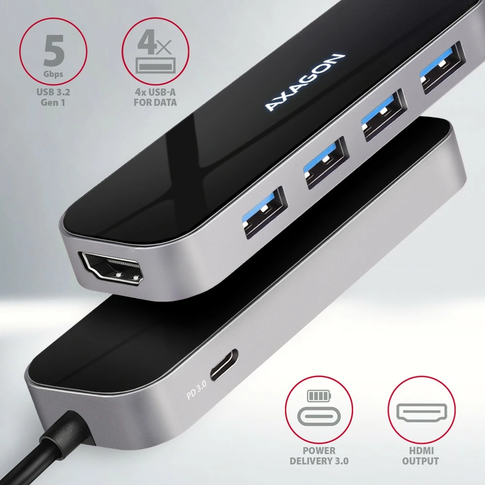 Večportni USB-C hub, 4x USB-A, HDMI, USB-C 3.2 Gen 1, PD 100W, 20 cm, črn, AXAGON HMC-6H4A Večportni USB-C hub, 4x USB-A, HDMI, USB-C 3.2 Gen 1, PD 100W, 20 cm, črn, AXAGON HMC-6H4A