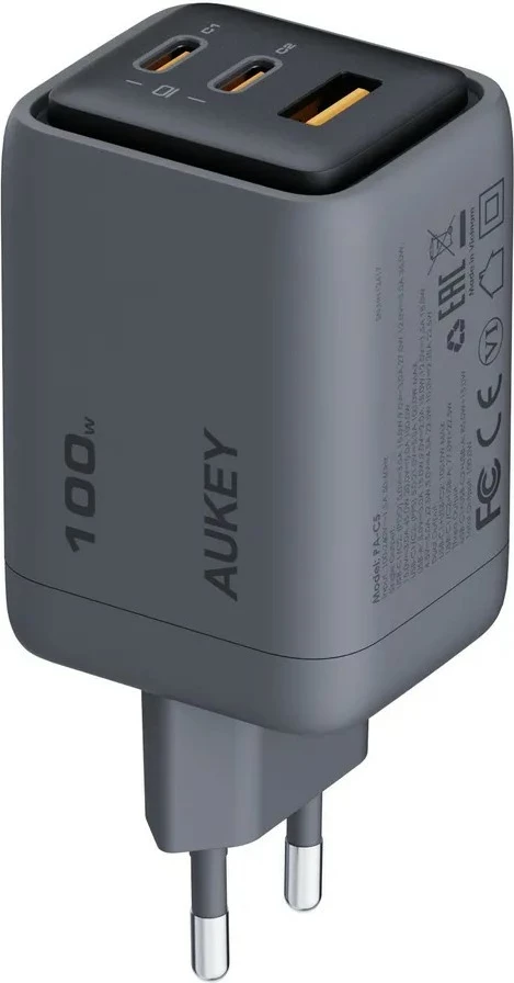 Ultra kompakten 100W zidni polnilec AUKEY PA-C5 Comet Mix 3, 3xUSB (2xUSB-C, 1xUSB-A), siv