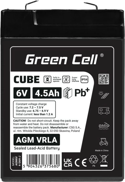 Baterija AGM VRLA, 6V 4,5Ah, IP54, Green Cell AGM6V4-5AH-J, črna