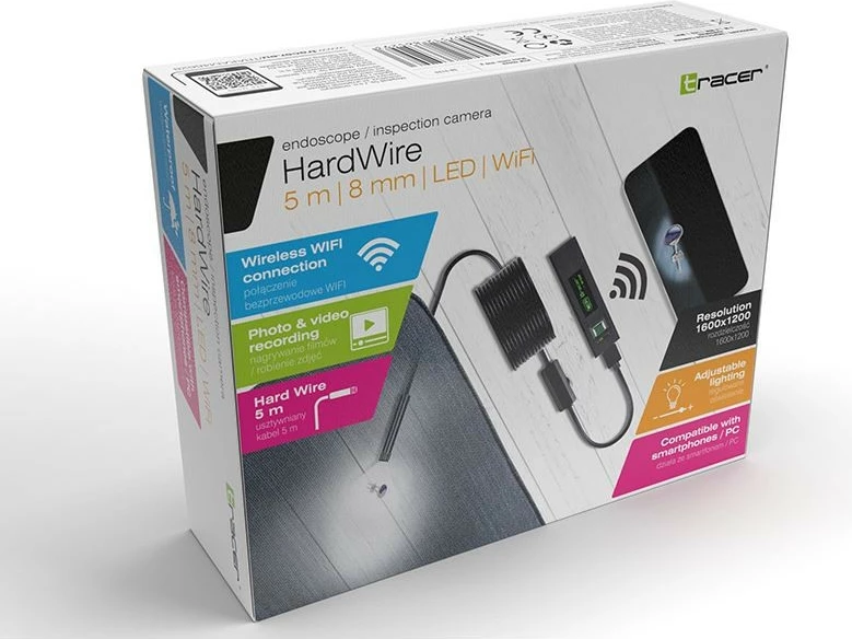 Endoskopska kamera Tracer HardWire 5M 8MM LED WiFi, črna