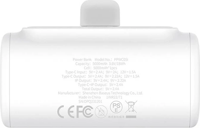 Prenosna polnilna baterija 5000 mAh, 20W, bela — Baseus Compact IP